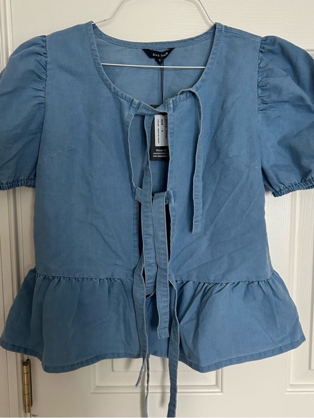 Denim-Style Light Blue Peplum Tie-Front Blouse